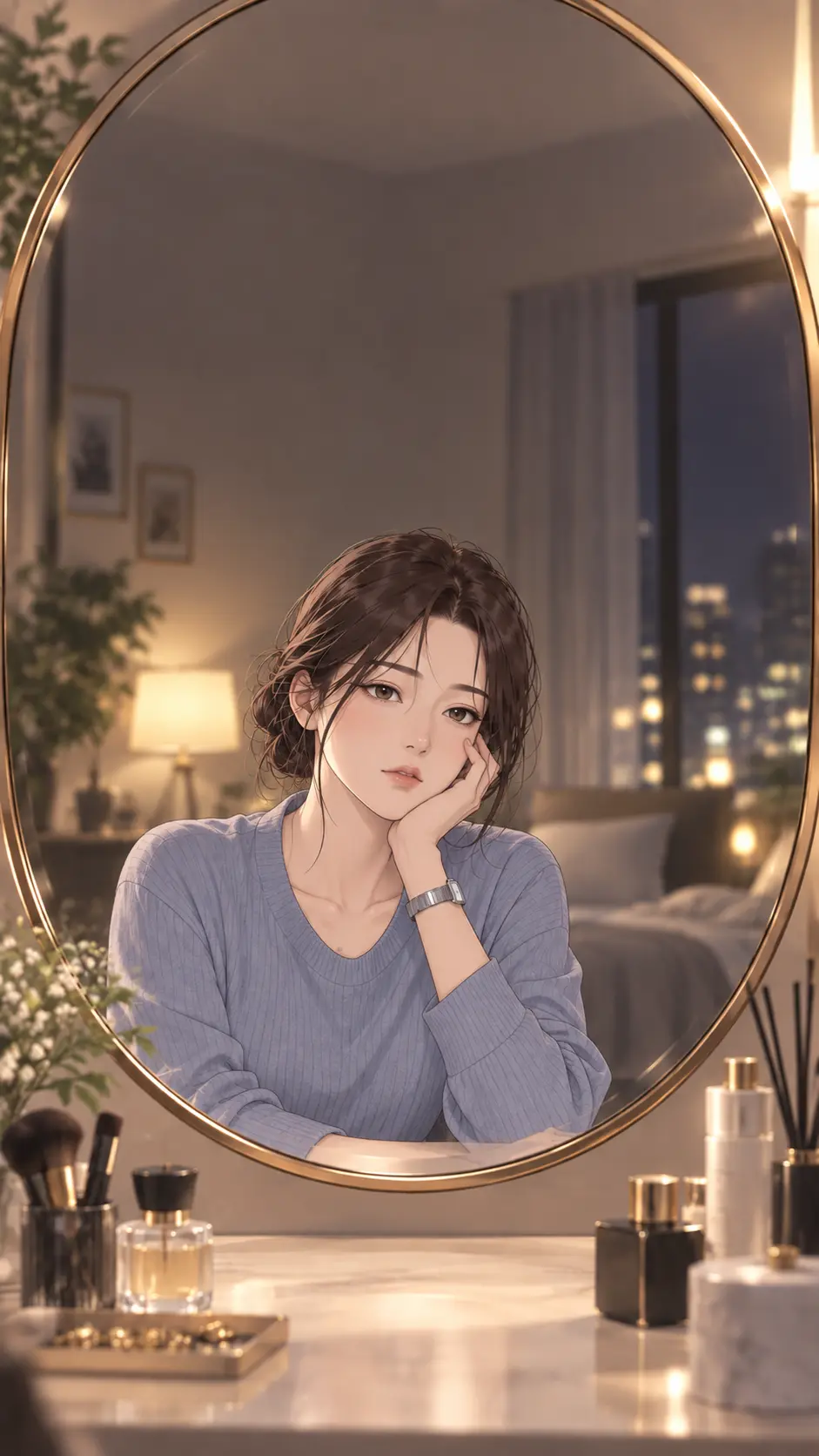 鏡頭轉到梳妝台整面鏡子的近景