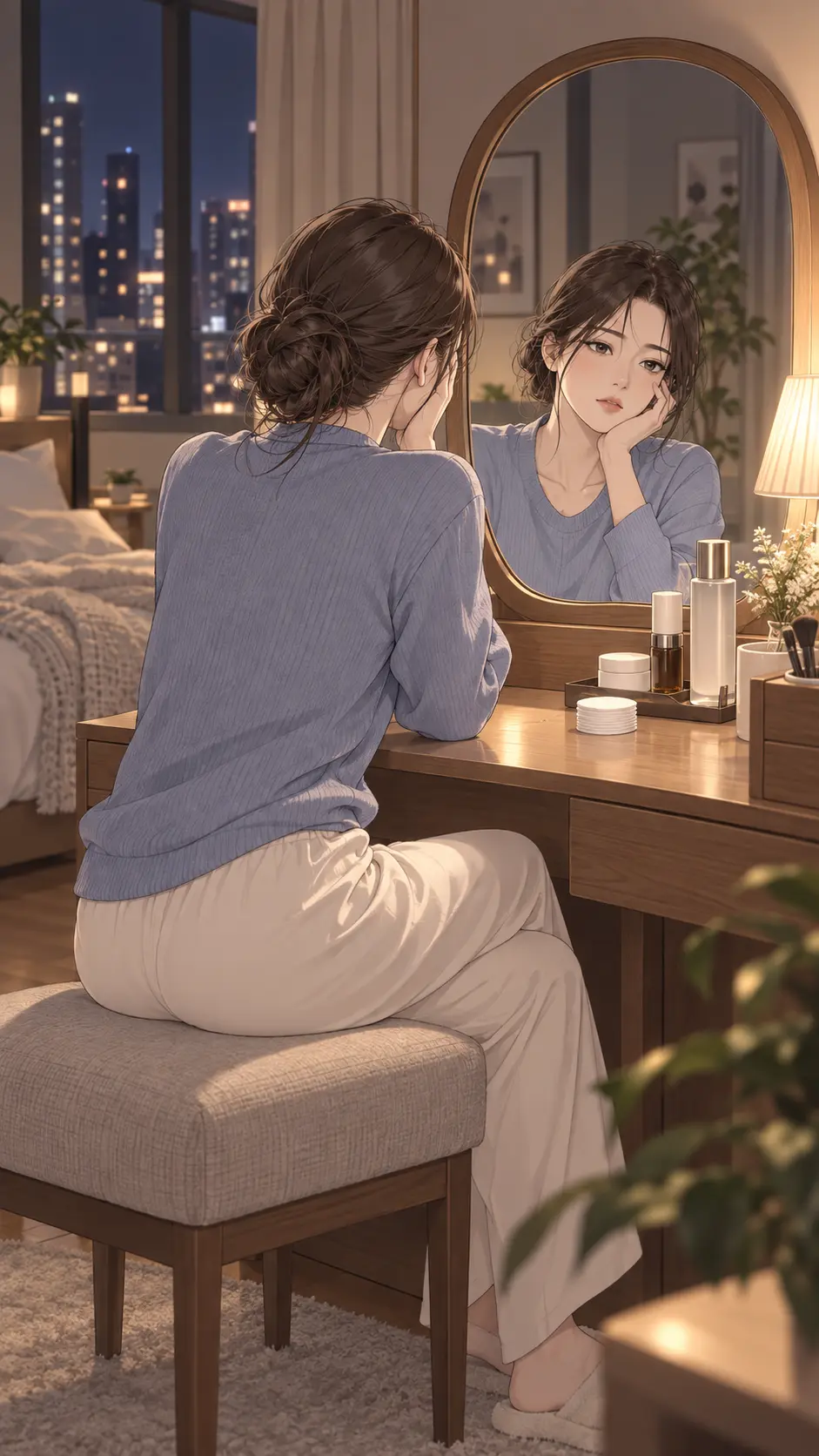 睡前，韓漫女孩坐在梳妝台前看著自己的膚況