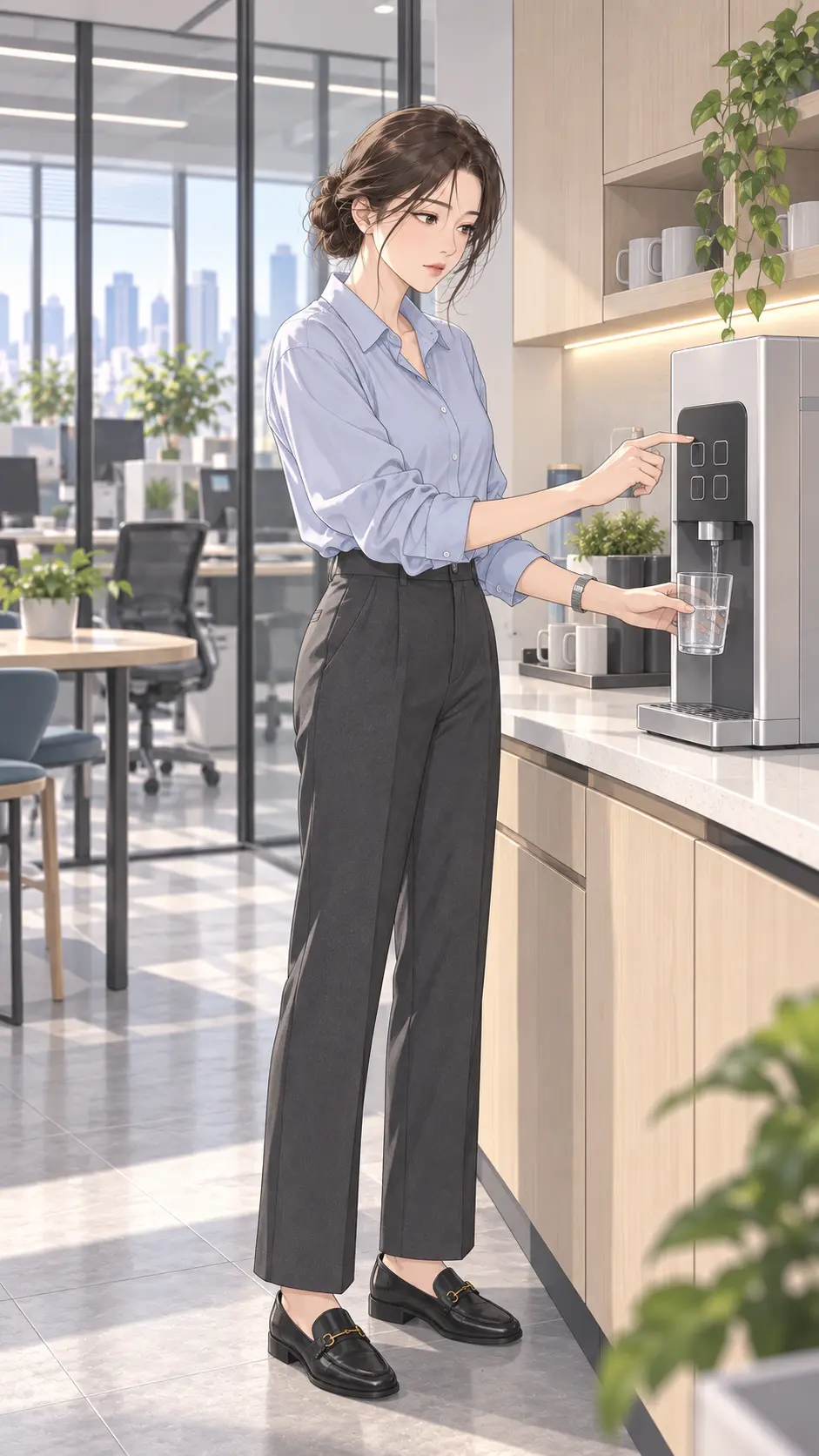午後，韓漫女孩站在公司茶水間，一手接水、一手準備按飲水機面板