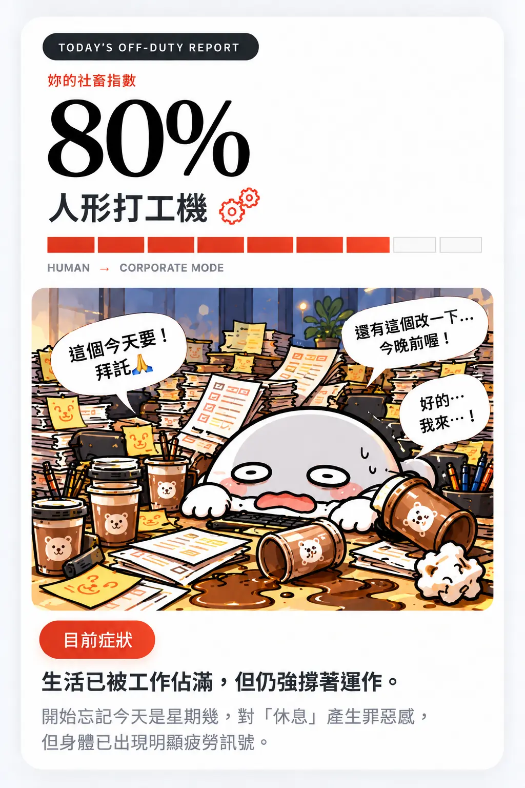 社畜指數 80% 人形打工機結果卡
